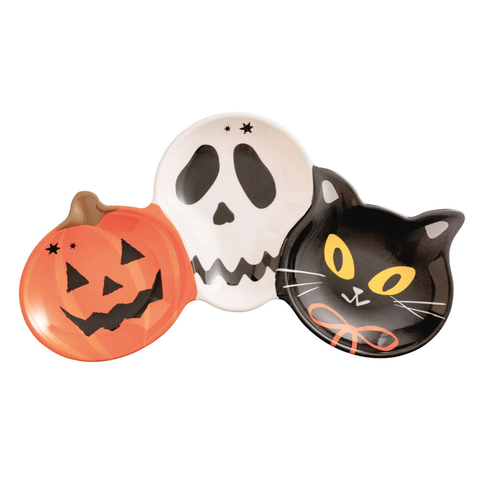 Halloween-themed tray with a pumpkin, skull, and cat on a white background.