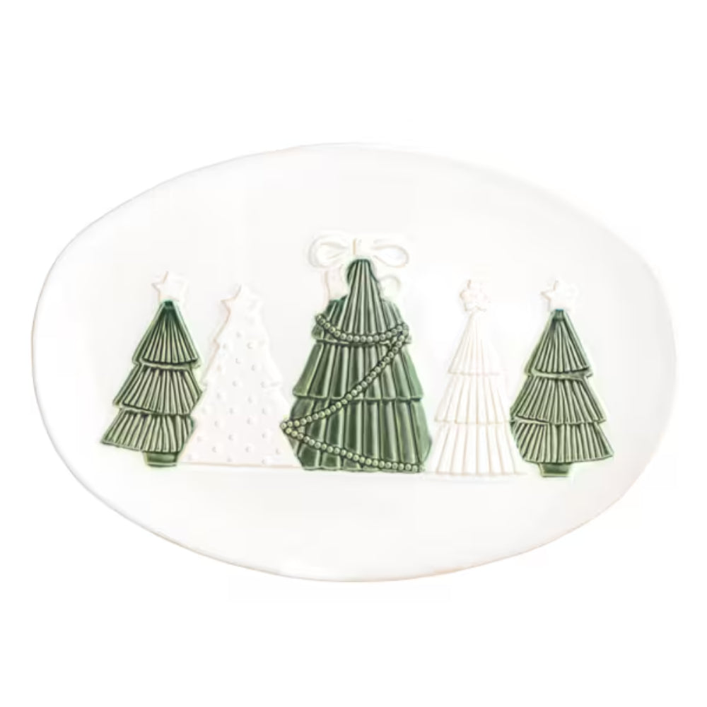 Stoneware platter with raised tree design, 3 green and 2 white 