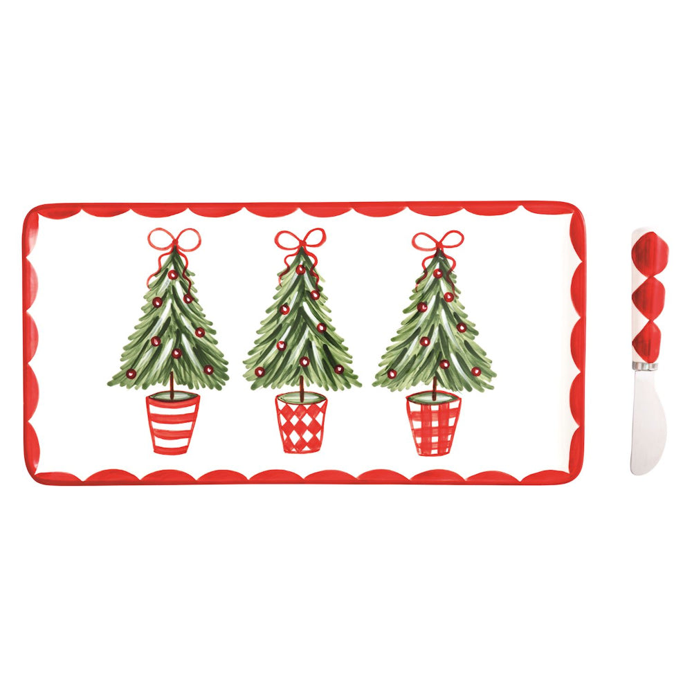 Rectangular tray with Christmas tree design and a matching knife on a white background