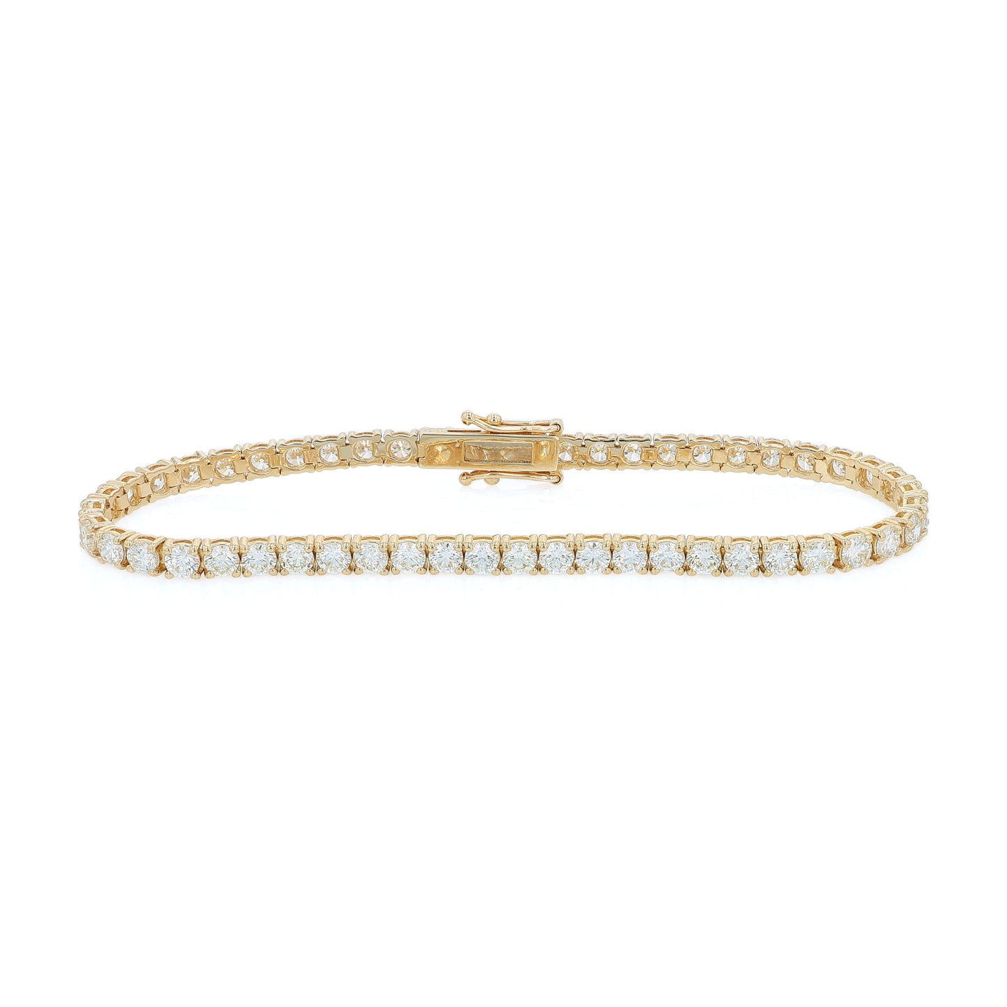 Yellow gold 6.16 carat diamond tennis bracelet on a white background