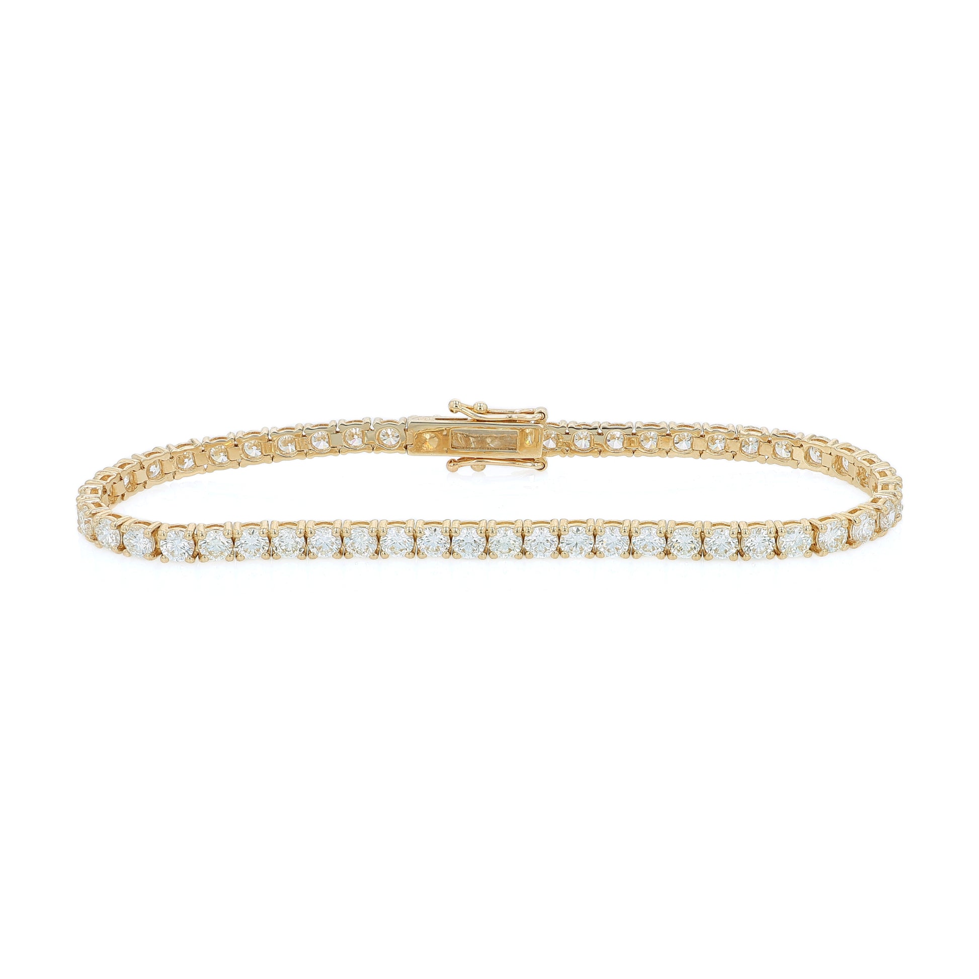 Yellow gold 6.16 carat diamond tennis bracelet on a white background