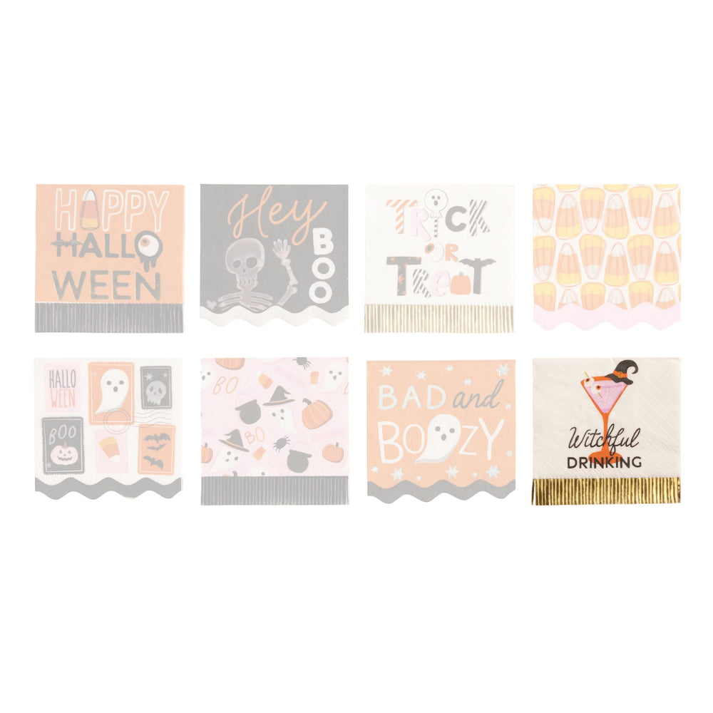 Set of Halloween-themed napkins with various designs on a white background