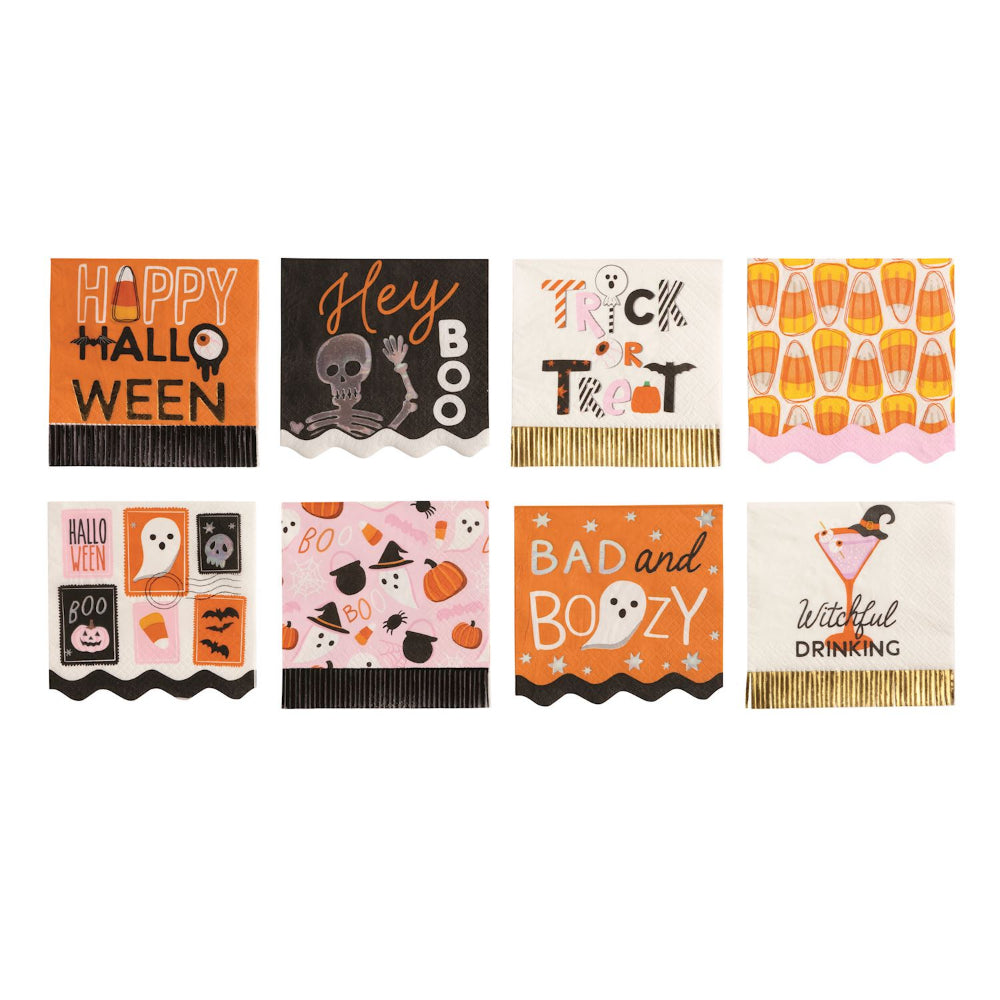 Set of Halloween-themed napkins with various designs on a white background