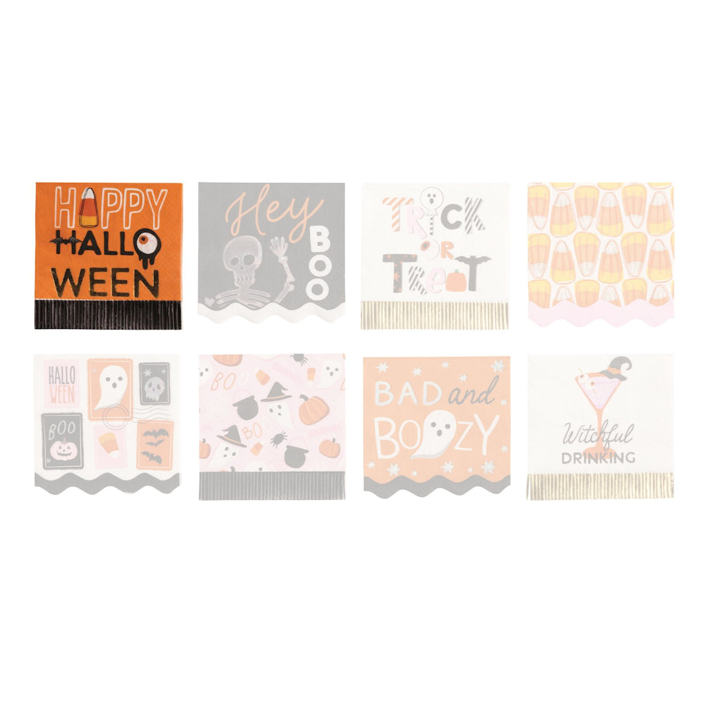 Set of Halloween-themed napkins with various designs on a white background