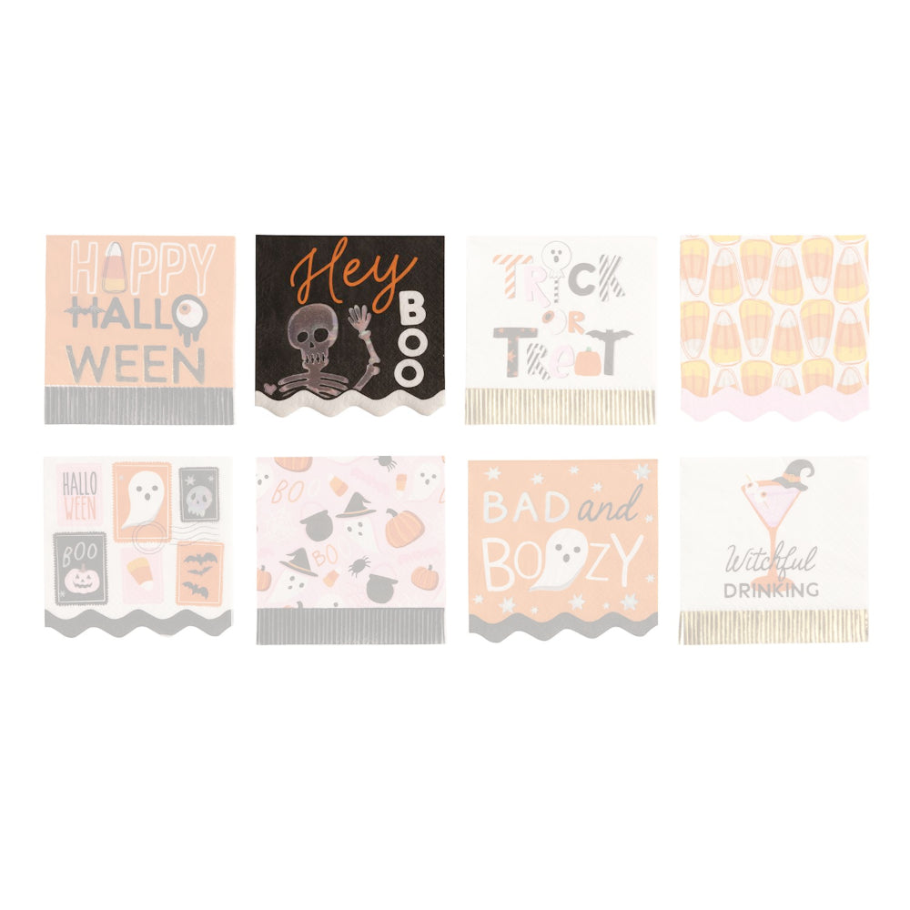 Set of Halloween-themed coasters with various designs on a white background
