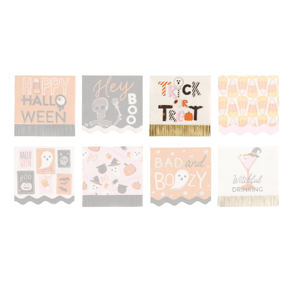 Set of Halloween-themed napkins with various designs on a white background