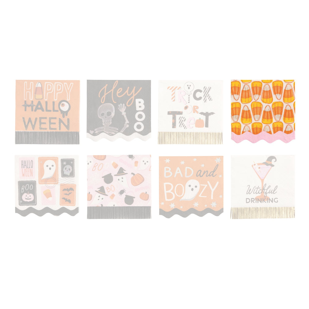Set of Halloween-themed napkins with various designs on a white background