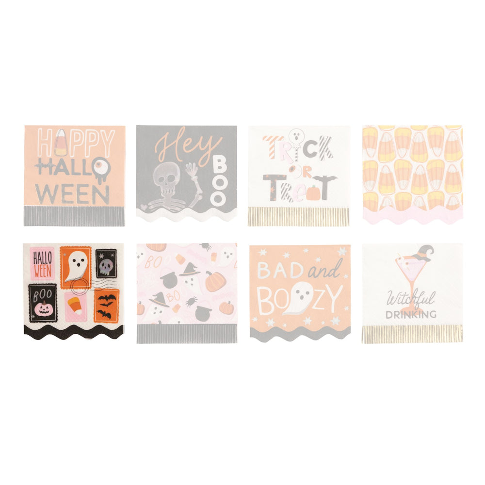 Set of Halloween-themed napkins with various designs on a white background