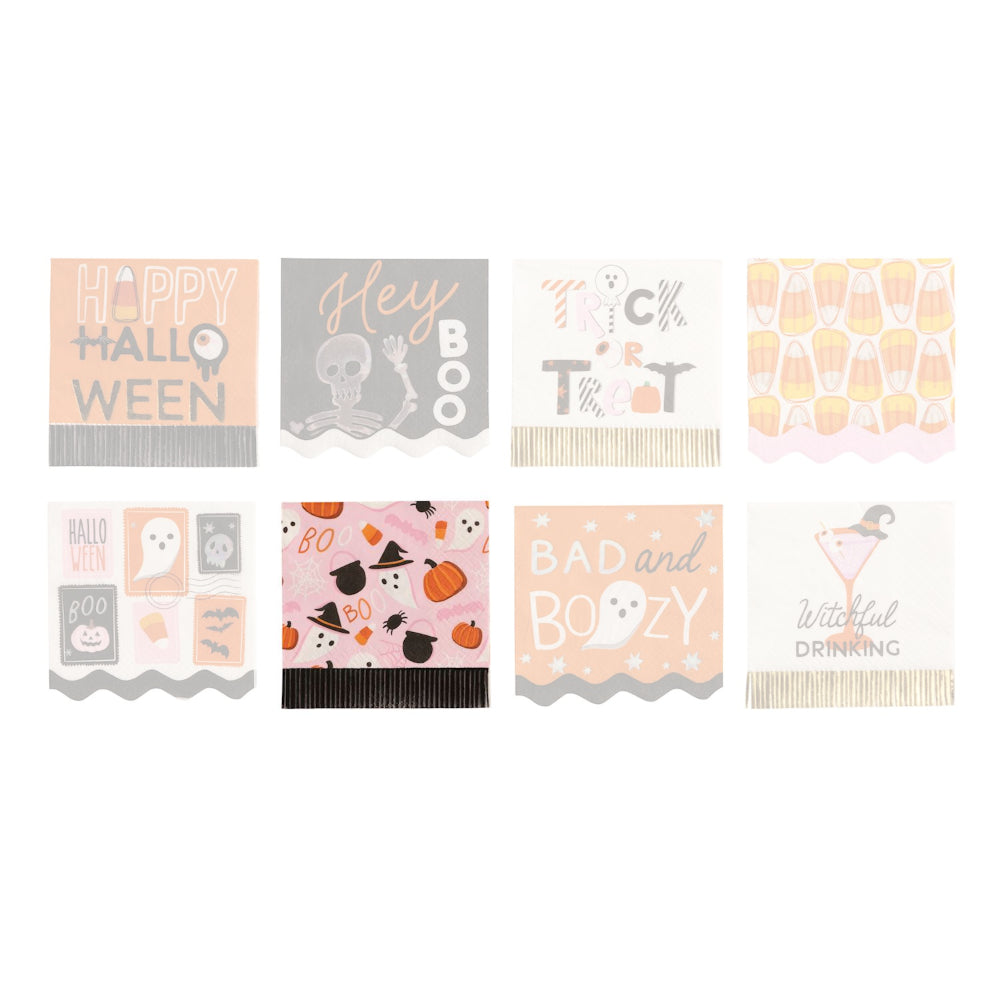 Set of Halloween-themed napkins with various designs on a white background