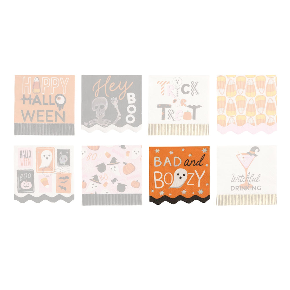 Set of Halloween-themed napkins with various designs on a white background