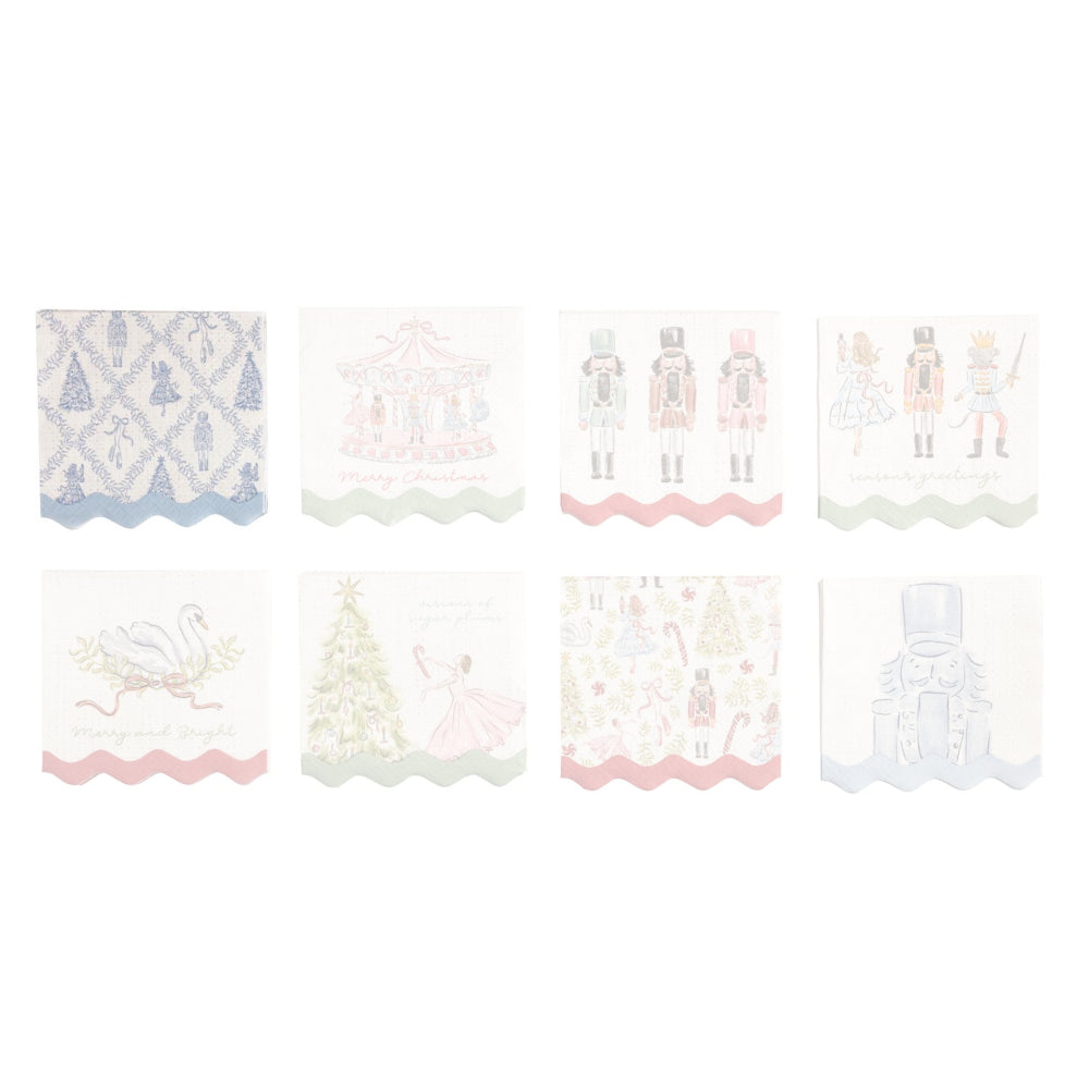 Eight square decorative napkins with scalloped edges arranged in two rows on a white background. Each napkin features a different pastel illustration, including nutcrackers, a carousel, a swan, a Christmas tree, holiday motifs, and a nutcracker, in soft pink, blue, green, and gray tones.