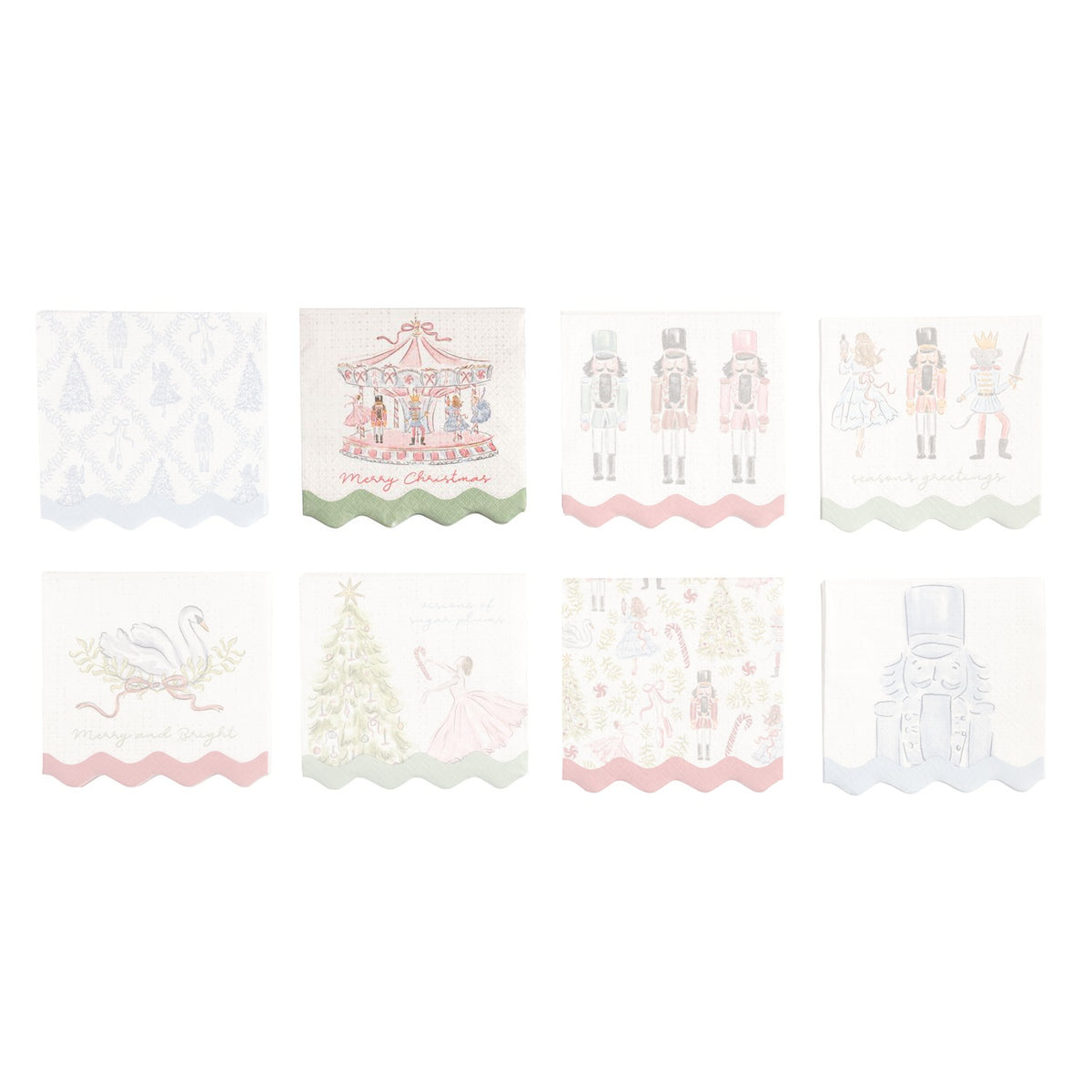 Eight Christmas-themed paper napkins arranged in a 2x4 grid on a white background. The napkins feature pastel illustrations including a carousel, nutcrackers, swans, a Christmas tree, candy canes, and a nutcracker, with scalloped edges in soft pink, green, and blue tones.