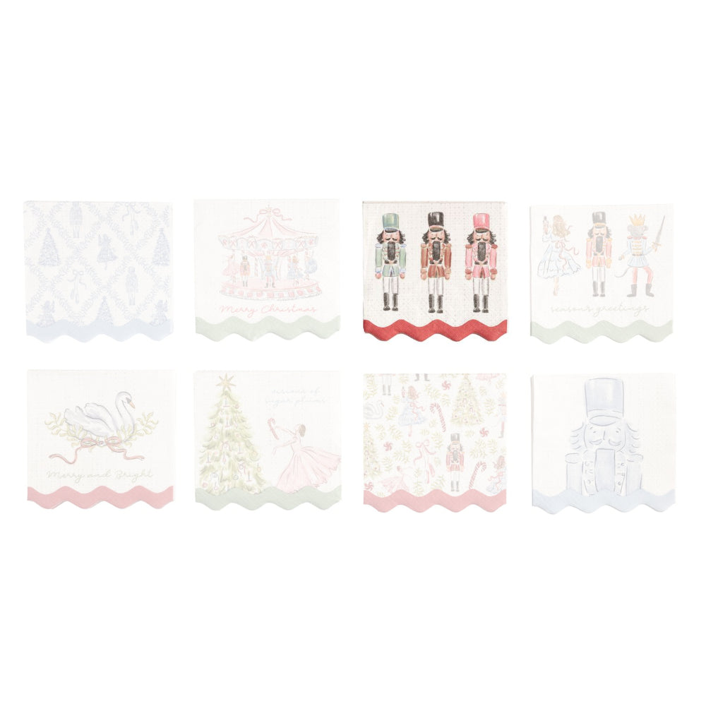 Eight square decorative napkins arranged in a 2x4 grid on a white background. The napkins feature various holiday and winter illustrations, including nutcrackers, a carousel, a swan, a Christmas tree, and a nutcracker, in soft pastel colors like pink, blue, green, and red.