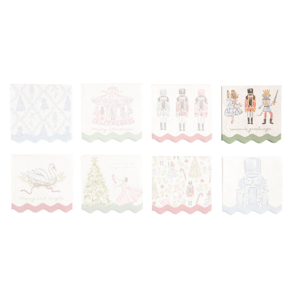Eight Christmas-themed paper napkins arranged in a 2x4 grid on a white background. The napkins feature various holiday illustrations including nutcrackers, a carousel, a swan, a Christmas tree, and a festive village scene, each with a scalloped border and a different pastel color palette.