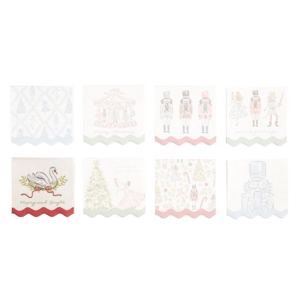 Eight Christmas-themed paper napkins arranged in a 2x4 grid on a white background. The napkins feature various holiday illustrations including nutcrackers, a carousel, a Christmas tree, a bird in a nest, and snowflakes, with pastel colors and scalloped borders.