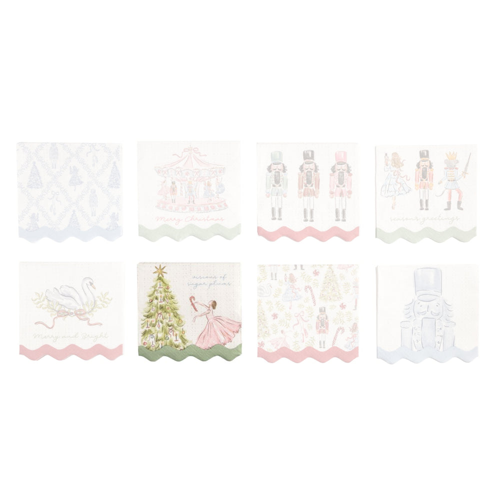 Eight Christmas-themed paper napkins arranged in a 2x4 grid on a white background. The napkins feature pastel illustrations including swans, a carousel, nutcrackers, a Christmas tree, and holiday patterns, with scalloped edges.