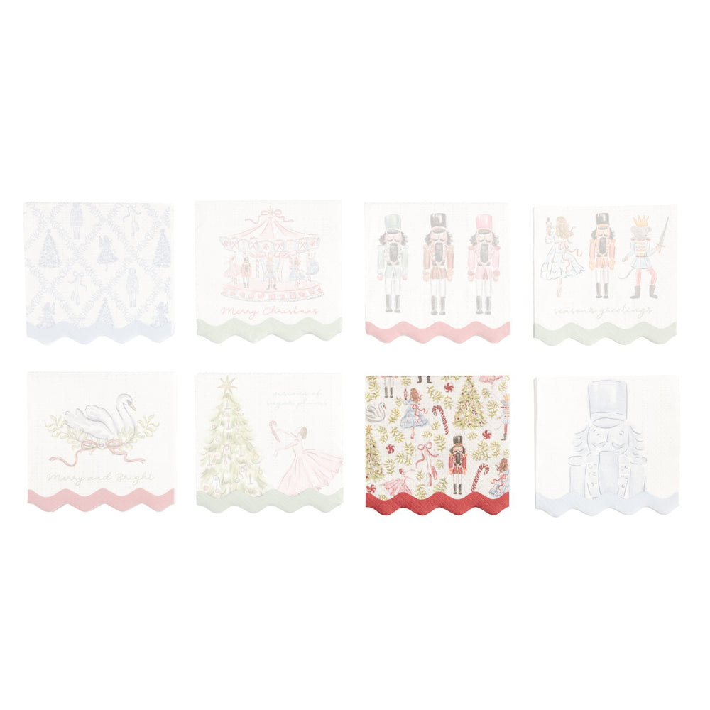 Eight Christmas-themed paper napkins arranged in a 2x4 grid on a white background. The napkins feature various holiday illustrations including nutcrackers, a carousel, a swan, a Christmas tree, ornaments, and a nutcracker, each with a scalloped border.