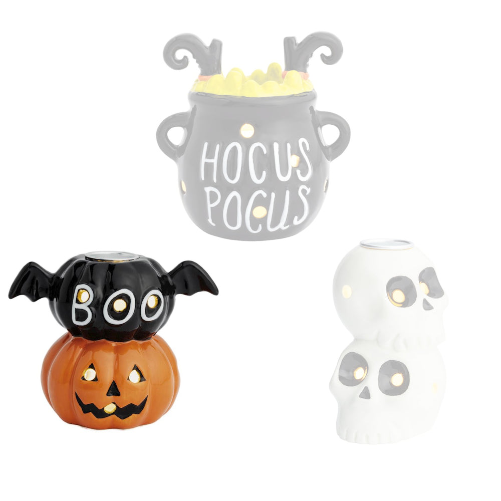 Boo Halloween-themed candle holder with a black bat pumpkin with "Boo" on a orange pumpkin on a white background.