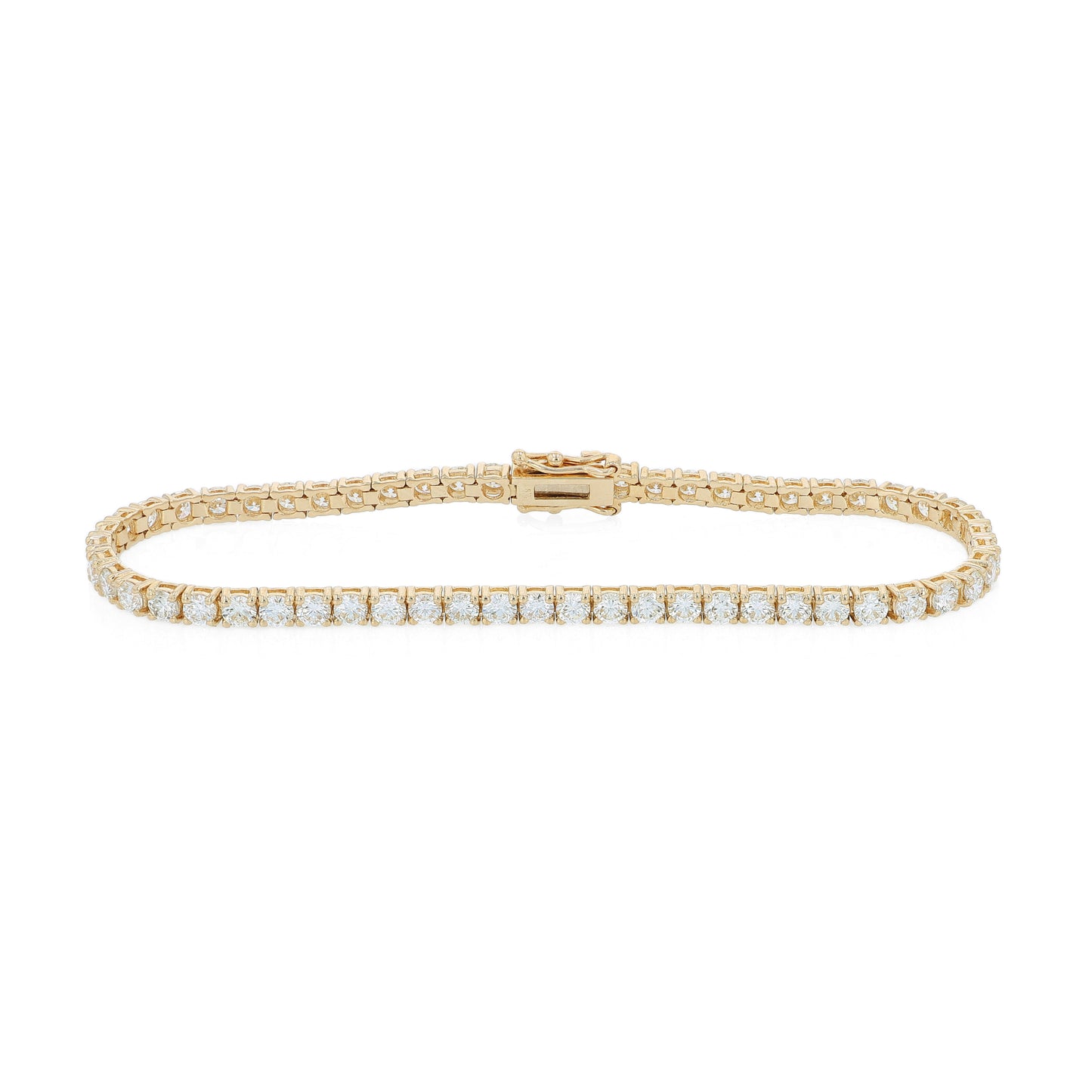 Yellow gold 5.03 carat diamond tennis bracelet on a white background