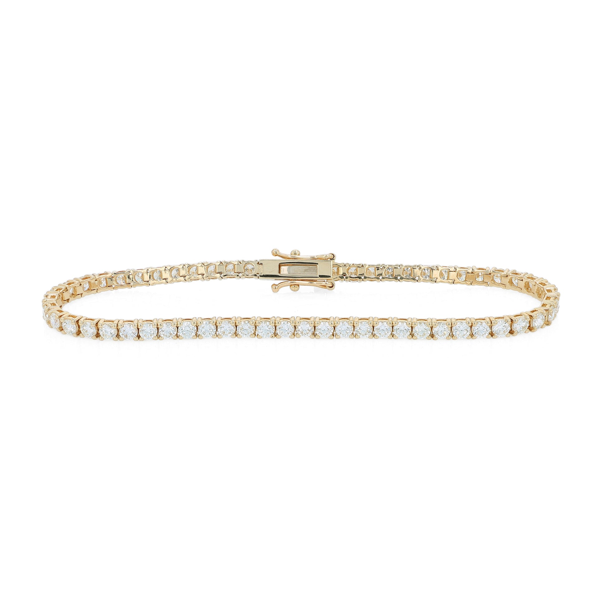 Yellow gold 4.27 carat diamond tennis bracelet on a white background