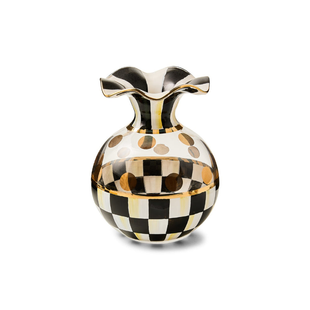 Decorative vase with black and white checkered pattern and gold accents on a white background