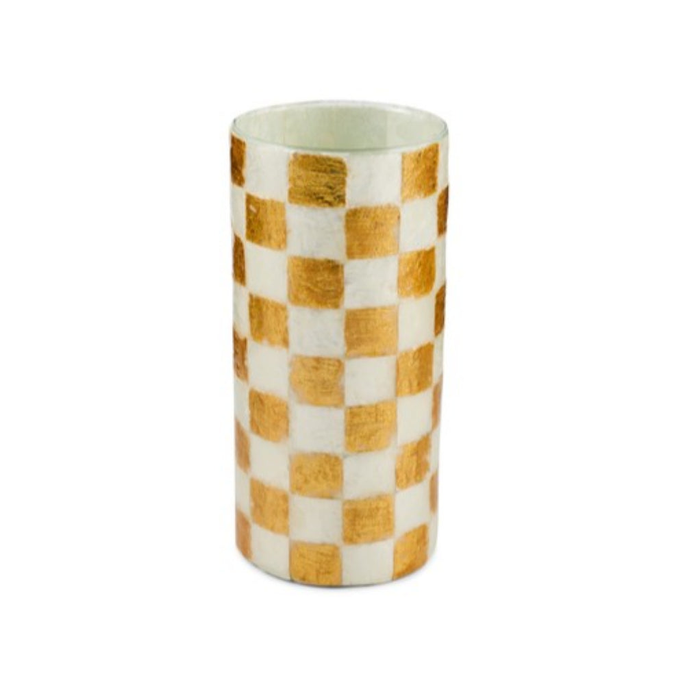 A cylindrical ceramic cup or tumbler with a white and gold checkered pattern, shown against a plain white background.
