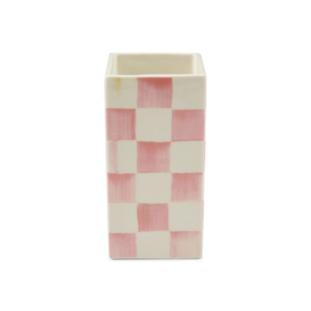 A rectangular ceramic vase with a pink and white checkerboard pattern, shown against a plain white background.