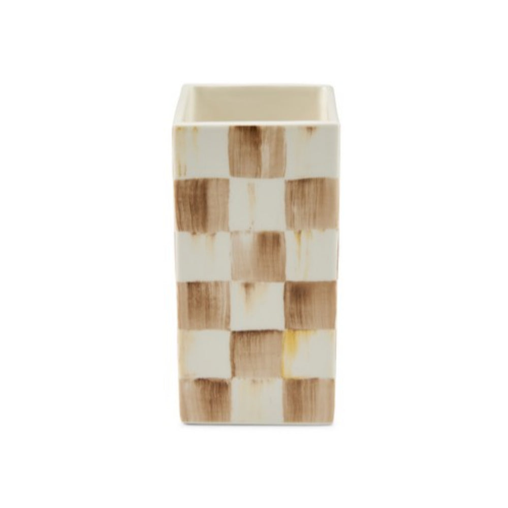 A rectangular ceramic vase with a checkerboard pattern in warm brown and cream, shown against a plain white background.