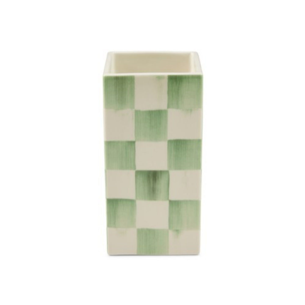 A rectangular ceramic vase with a green and off-white checkerboard pattern, shown against a plain white background.