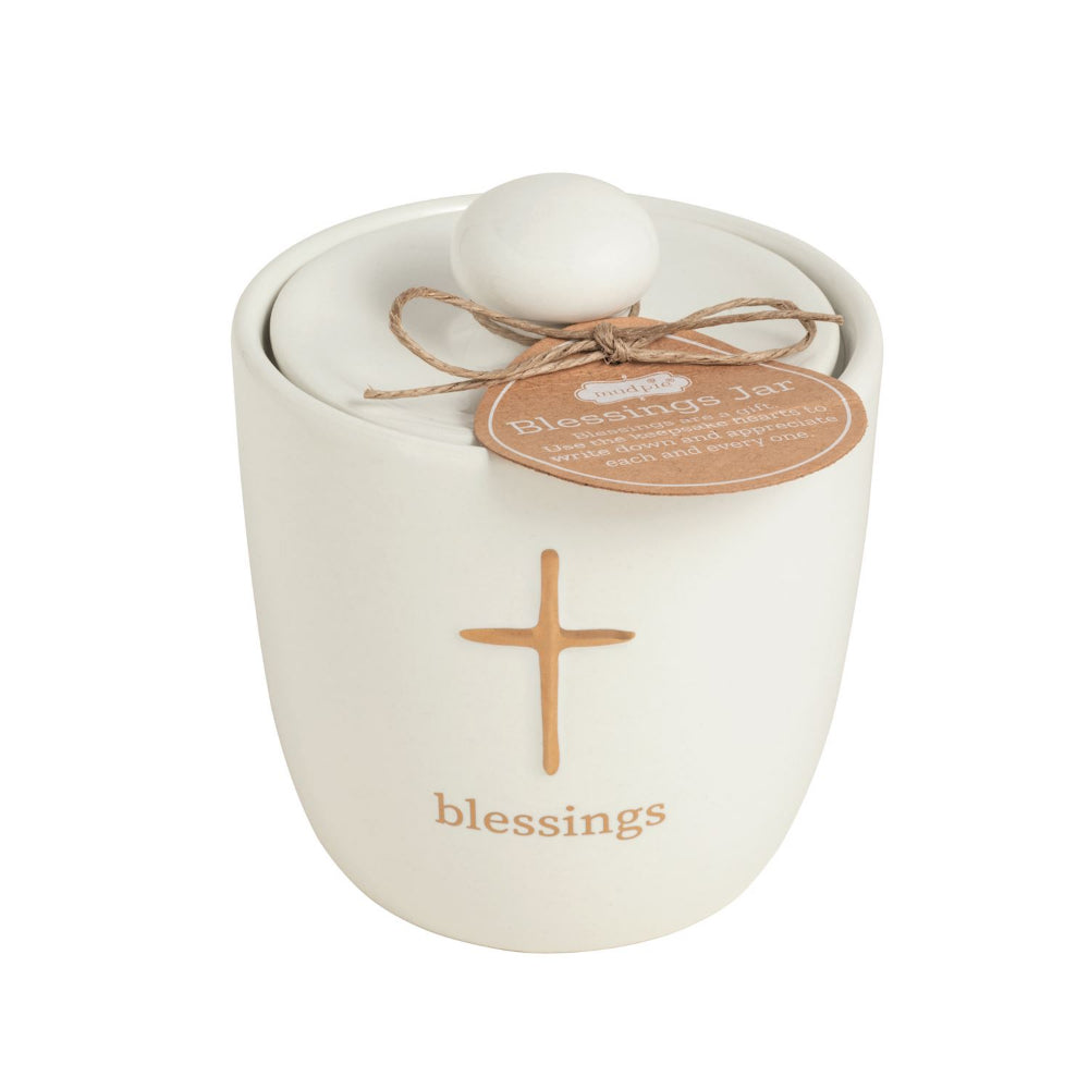 White ceramic jar with a cross and 'blessings' text on a white background.