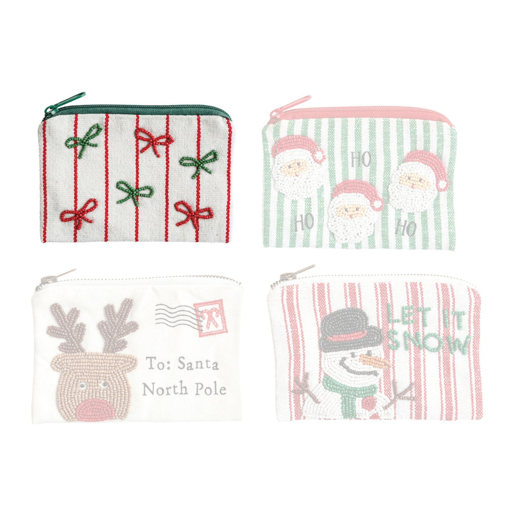 Four Christmas-themed pouches with different designs on a white background