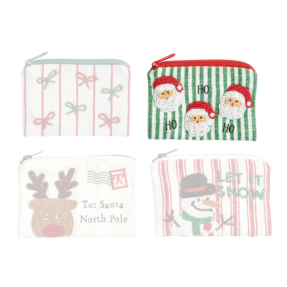 Four Christmas-themed pouches with different designs on a white background