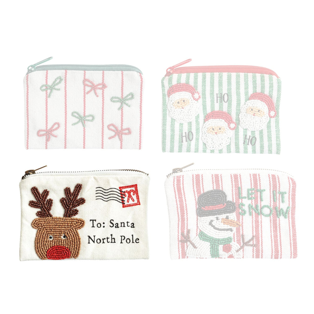 Four Christmas-themed pouches with different designs on a white background