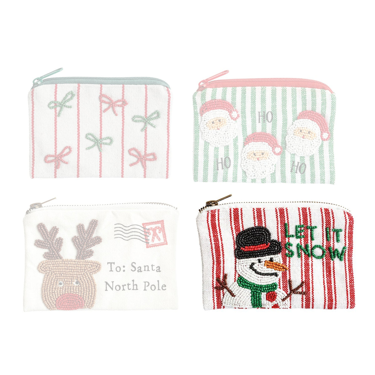 Four Christmas-themed pouches with different designs on a white background