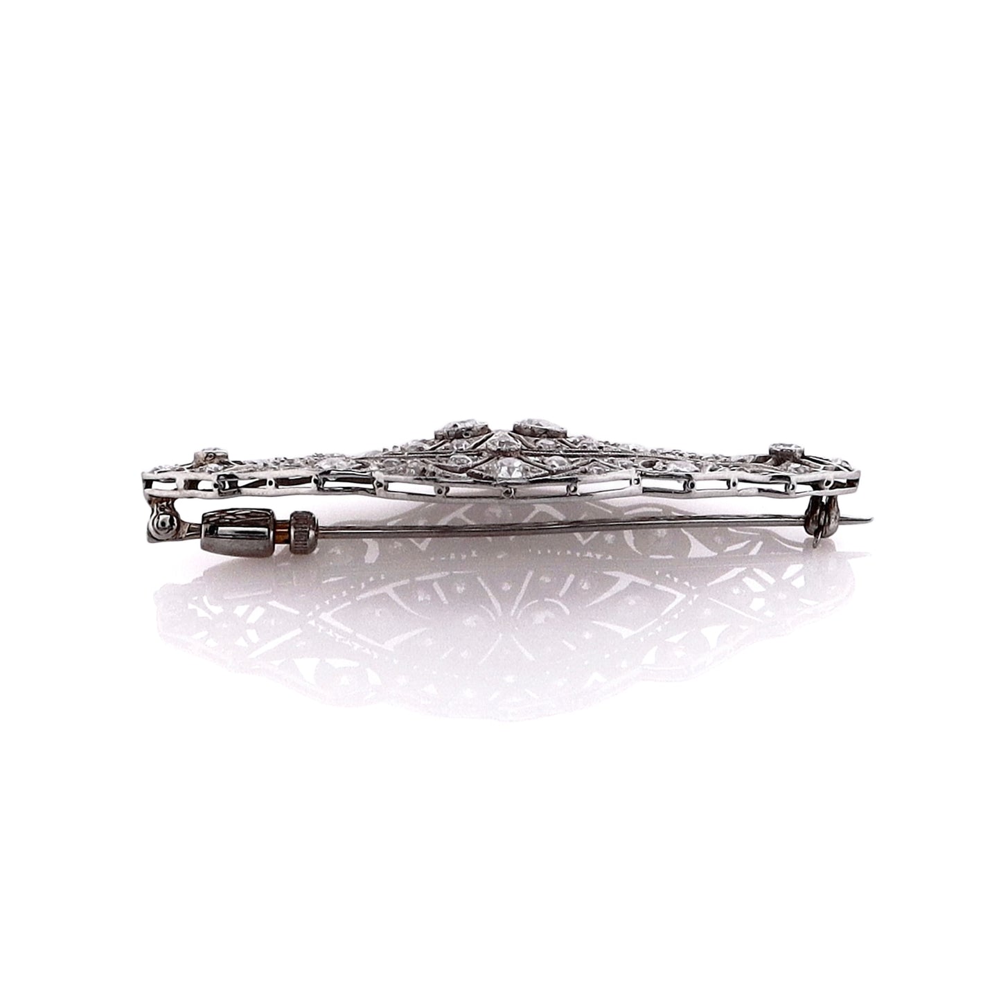 Estate Platinum Marquise Shaped Open Filigree and Milgrain Diamond Pin