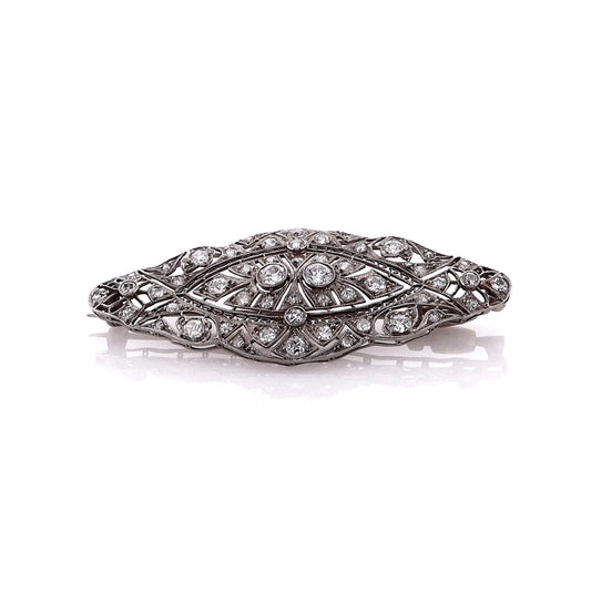Estate Platinum Marquise Shaped Open Filigree and Milgrain Diamond Pin