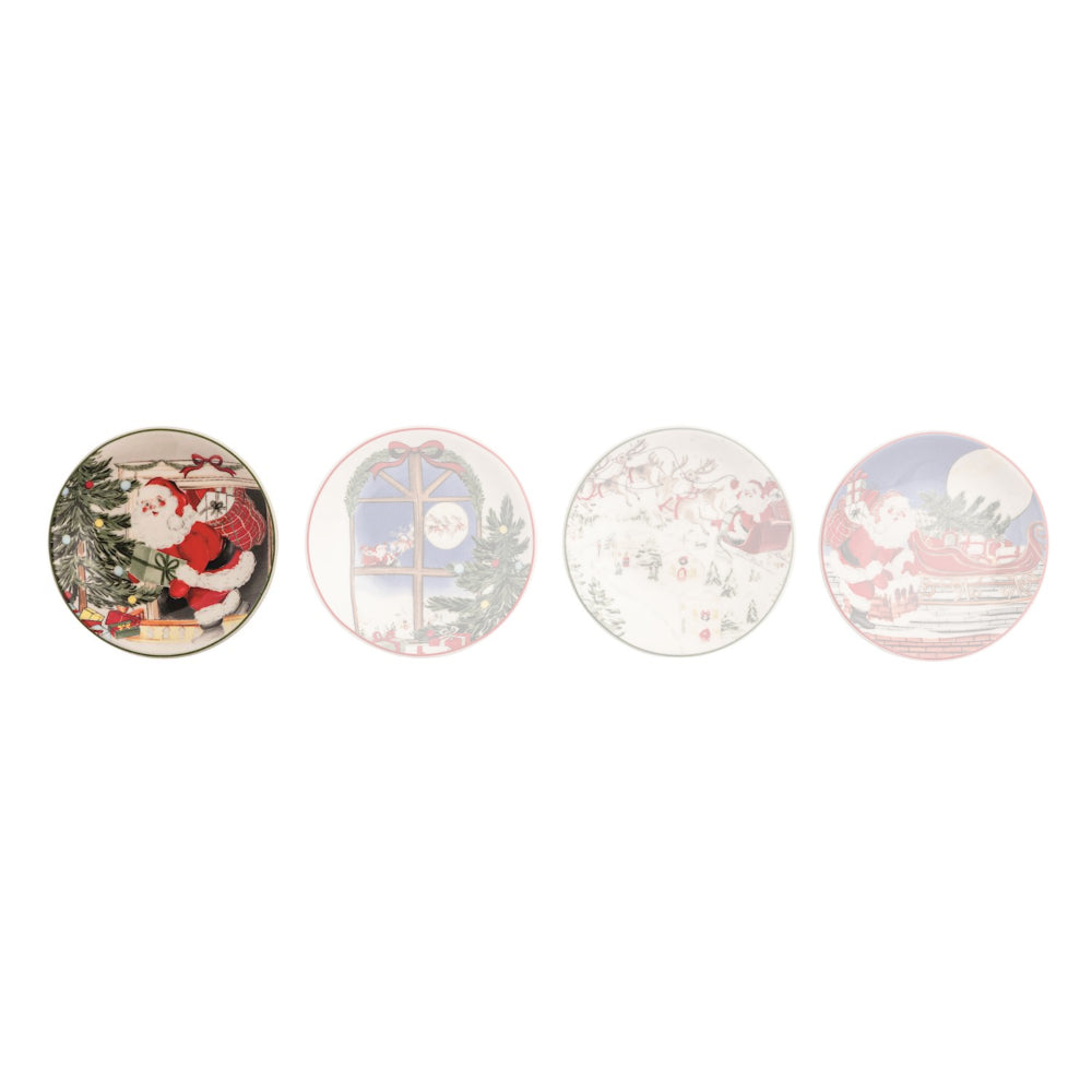 Four round decorative plates with vintage Christmas illustrations, including Santa Claus, arranged in a row against a white background.