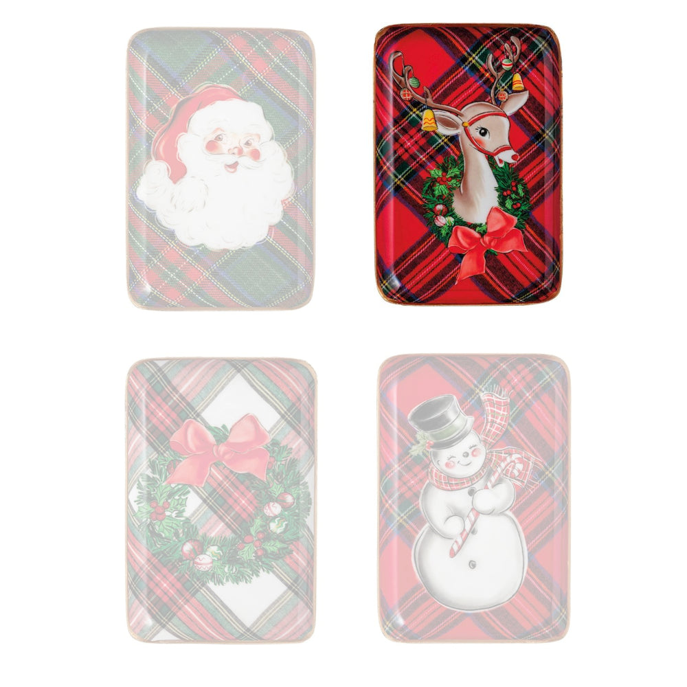 Four Christmas-themed tins with Santa, reindeer, wreath, and snowman designs on a white background.