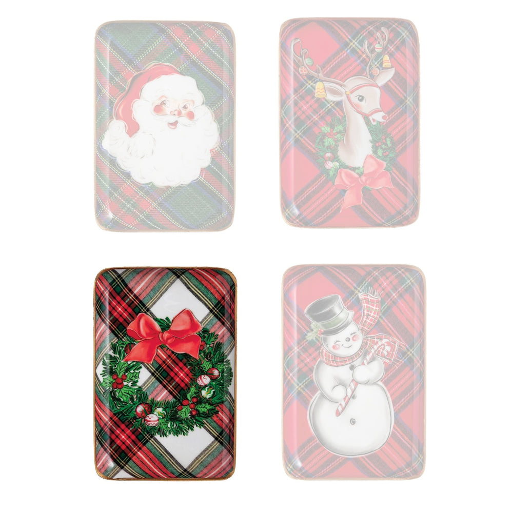 Four Christmas-themed tins with Santa, reindeer, wreath, and snowman designs on a white background.