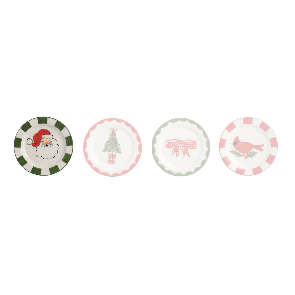 Four small round plates arranged in a row on a white background, each with a different holiday-themed illustration: Santa Claus, a Christmas tree, a bow, and a bird.