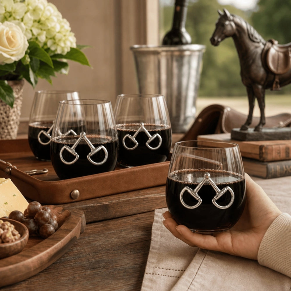 A hand holds a clear wine glass with a silver horse-bit style emblem in the center, filled with dark red wine, set on a rustic wooden table with other matching glasses, grapes, cheese, and wine accessories in the background.