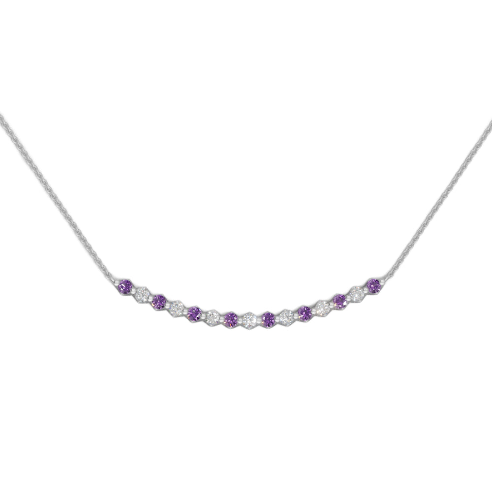 White gold amethyst and diamond smile pendant necklace with small diamonds on a white background