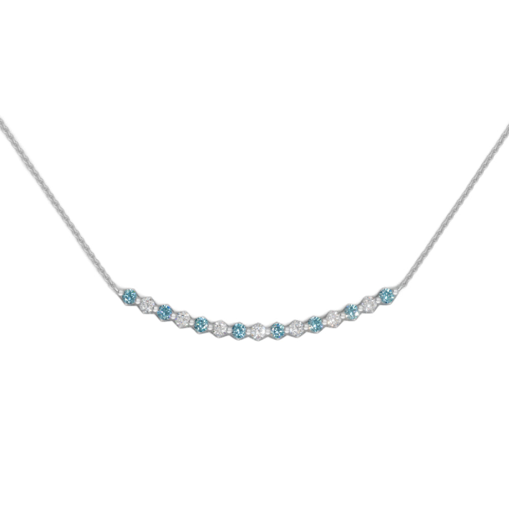 White gold blue topaz and diamond smile pendant necklace with small diamonds on a white background
