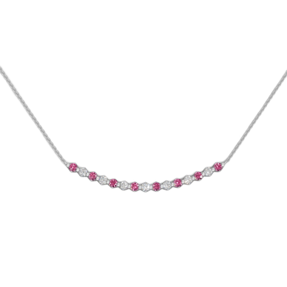 White gold pink tourmaline and diamond smile pendant necklace with small diamonds on a white background