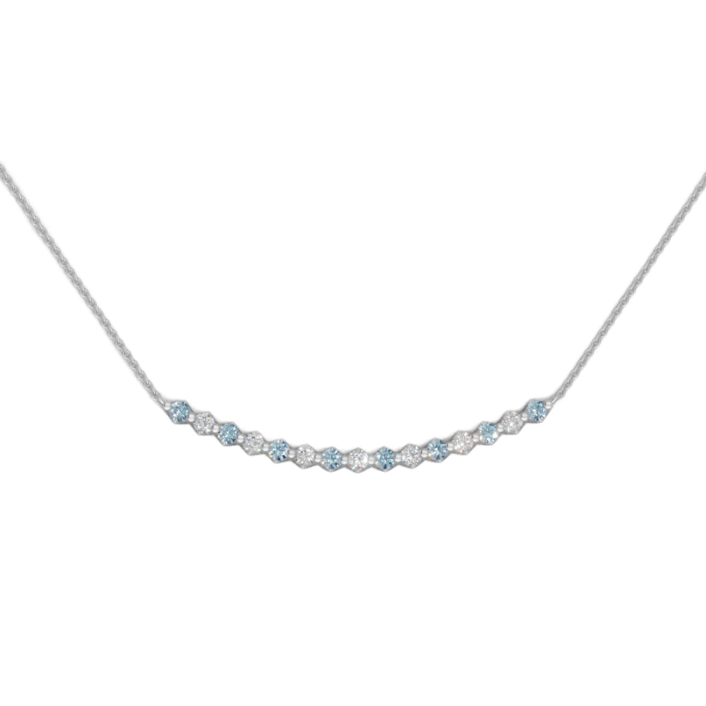 White gold aquamarine and diamond smile pendant necklace with small diamonds on a white background