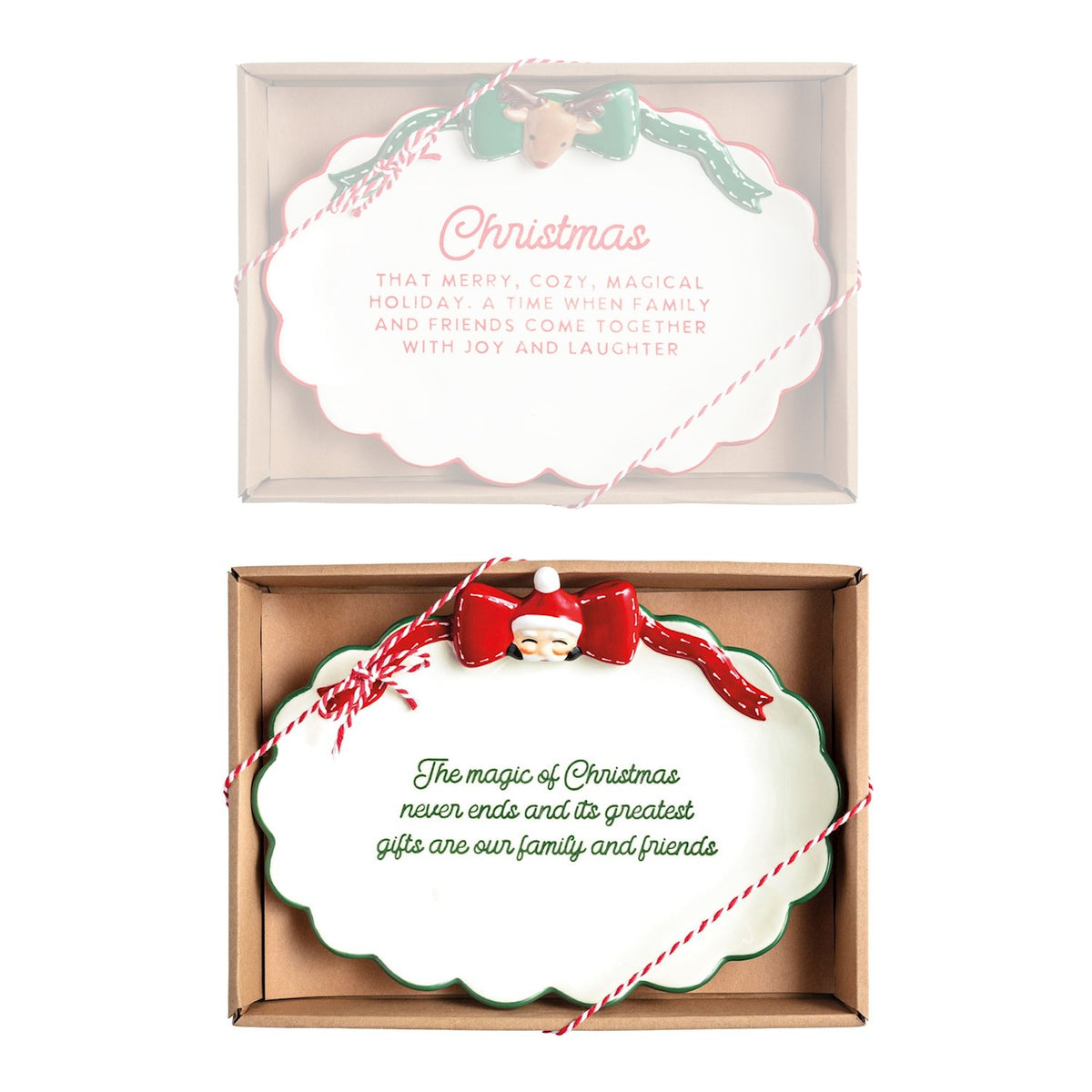 Decorative Christmas ornament with text and Santa face in a box on a white background