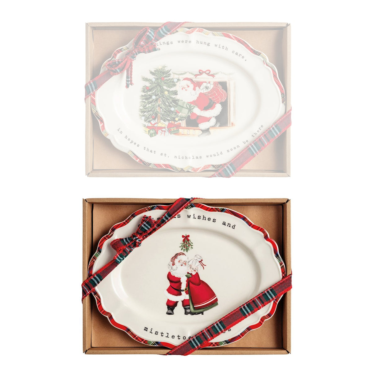 Two Christmas-themed ceramic platters with decorative borders in packaging on a white background.