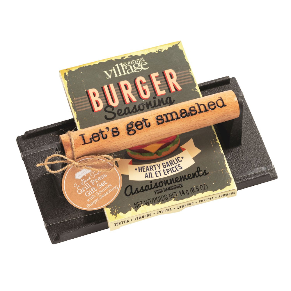 Gourmet Village Burger Seasoning grill set with packaging on a white backround.