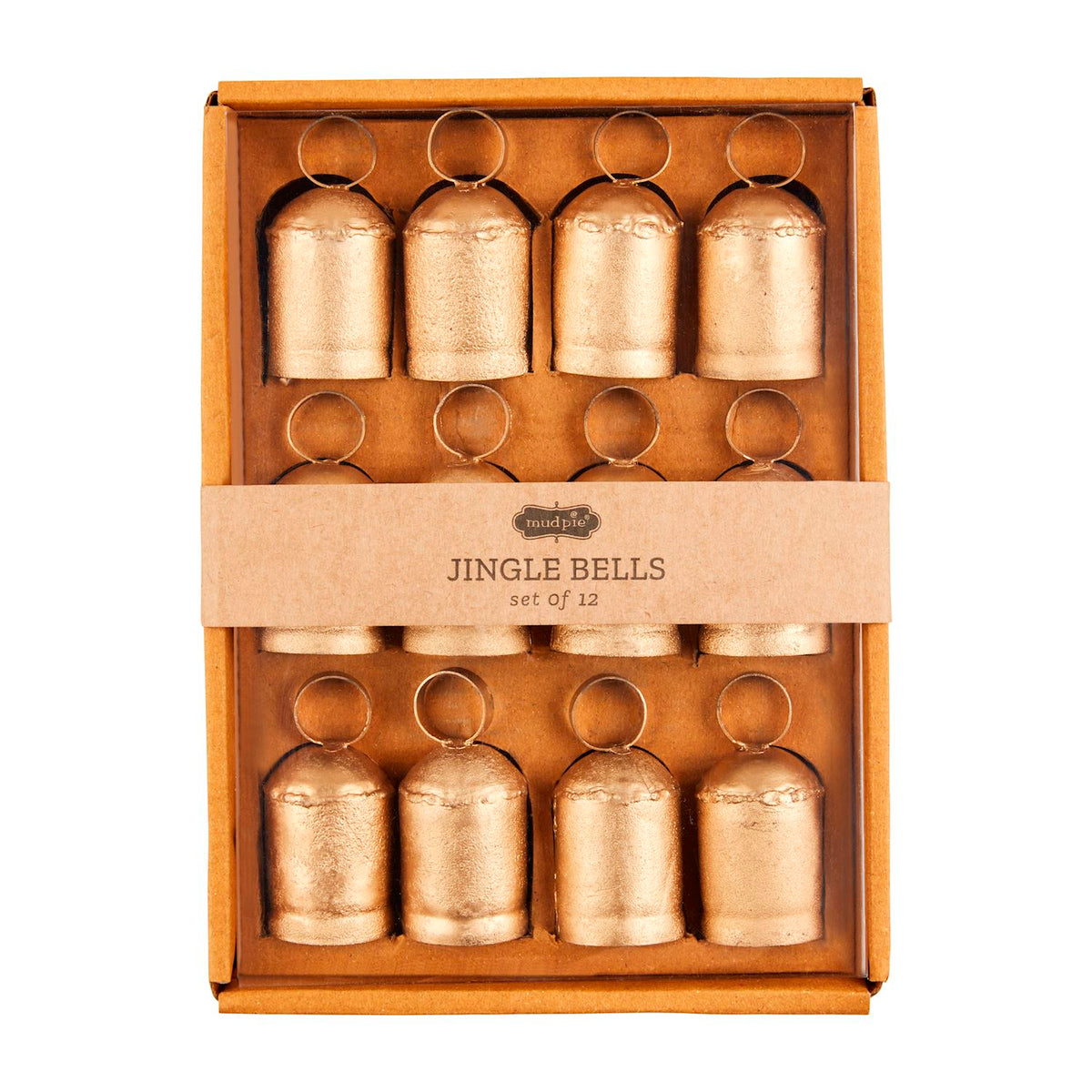 A set of 12 rustic metal jingle bells in a light brown cardboard gift box with a paper band labeled 'The Bell Shop JINGLE BELLS set of 12'.