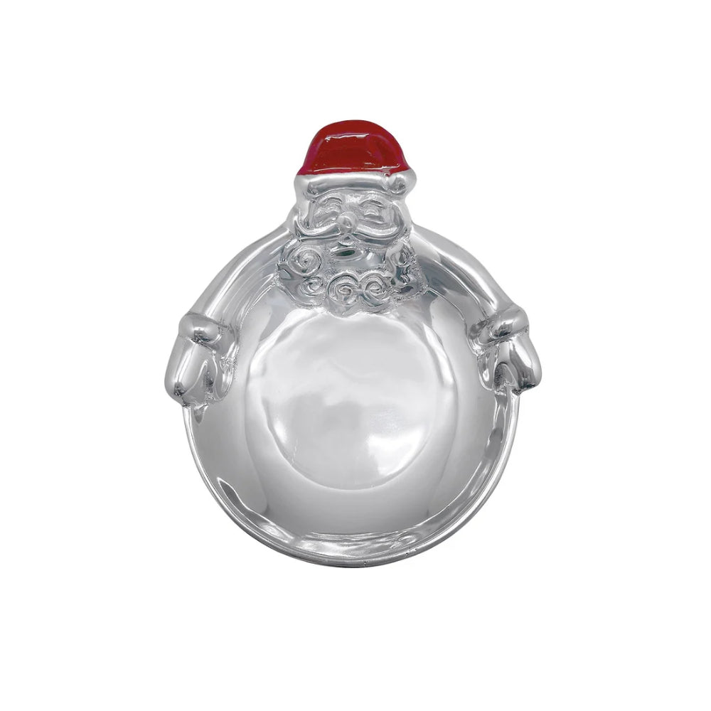 Hugging santa candy dish with santa face and red hat on a white backround. 